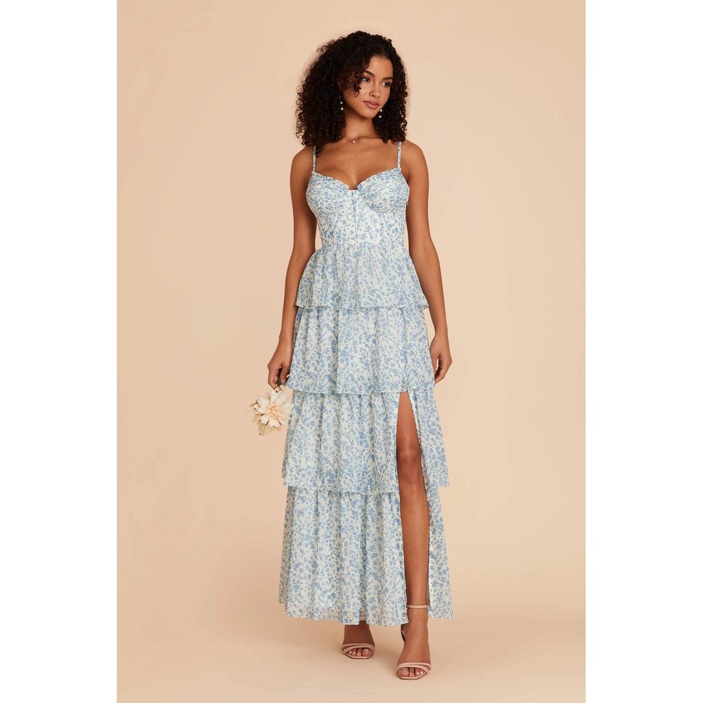 Birdy Grey Lola Floral Bustier Tiered Midi Maxi Dress Blue White L Wedding